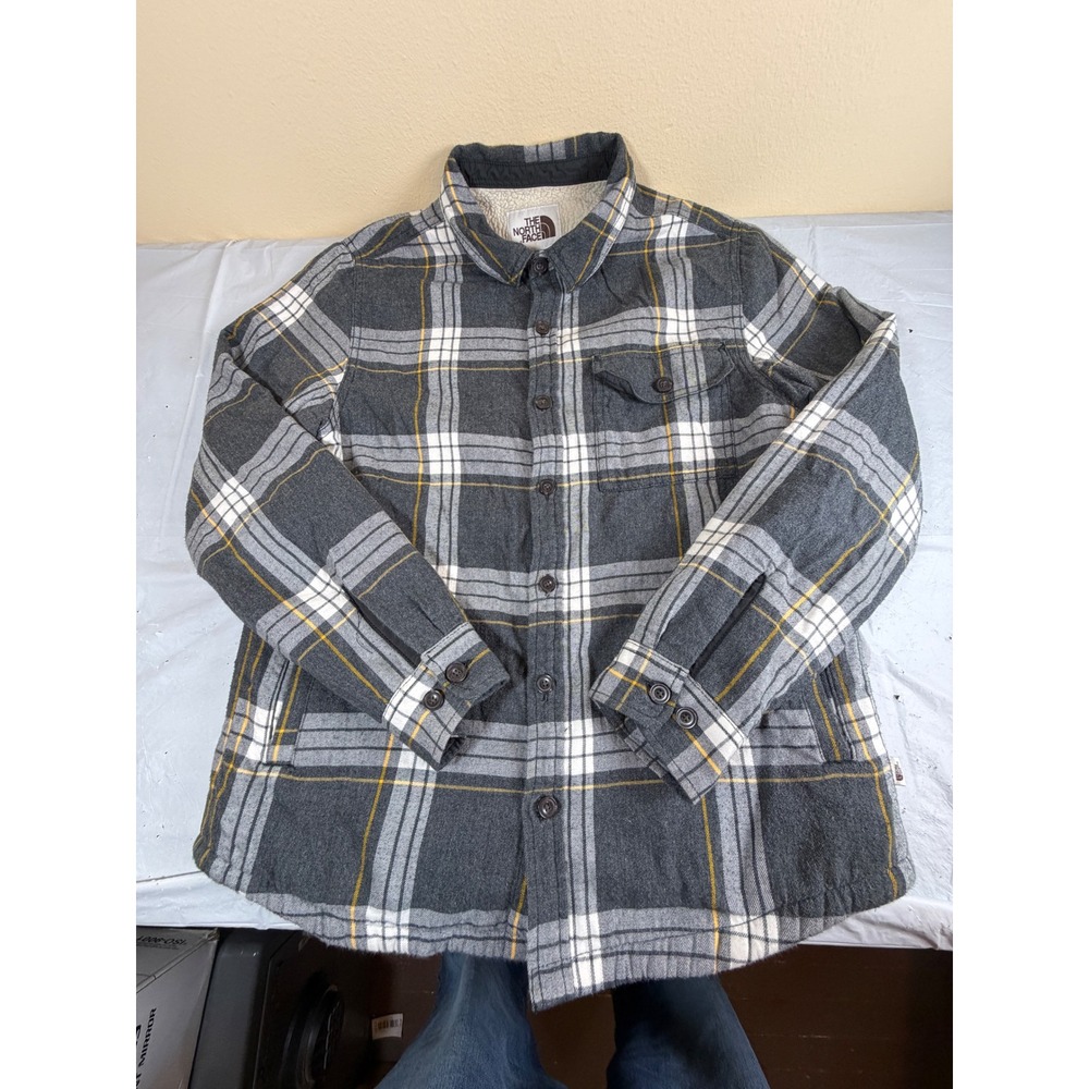 The North Face Mens Sherpa Lined Flannel Shirt Jacket Gray Plaid Size M Medium